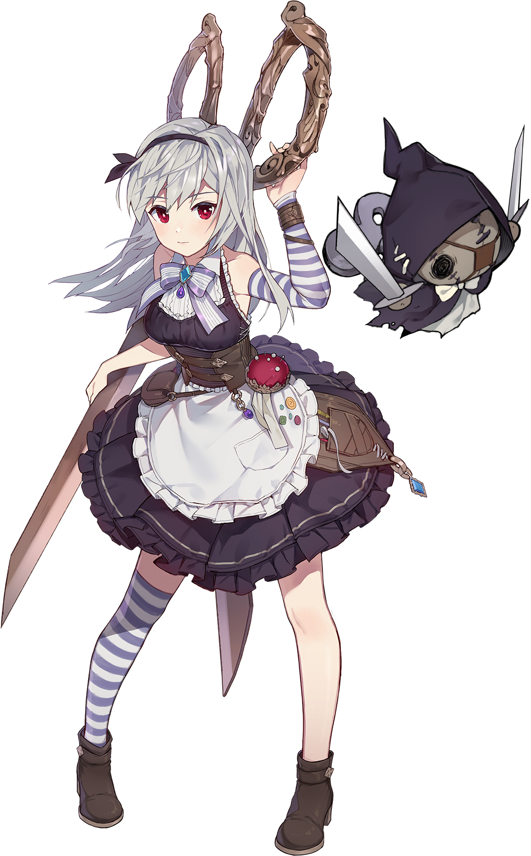 1girl, apron, asymmetrical_legwear, asymmetrical_sleeves, bare_shoulders, black_dress, boots, breasts