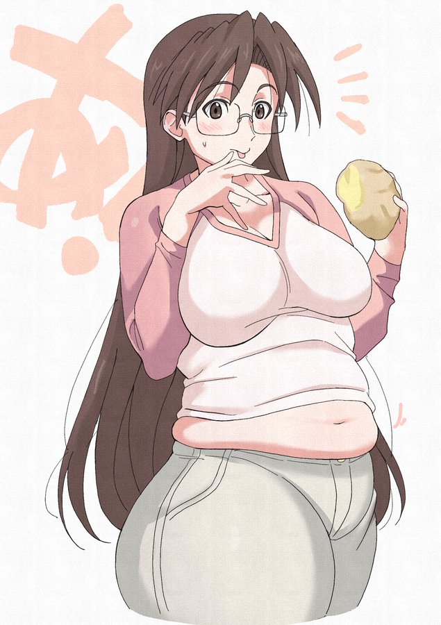 1girl, azumanga_daioh, belly, blush, breasts, cinnamon_roll, denim, eating