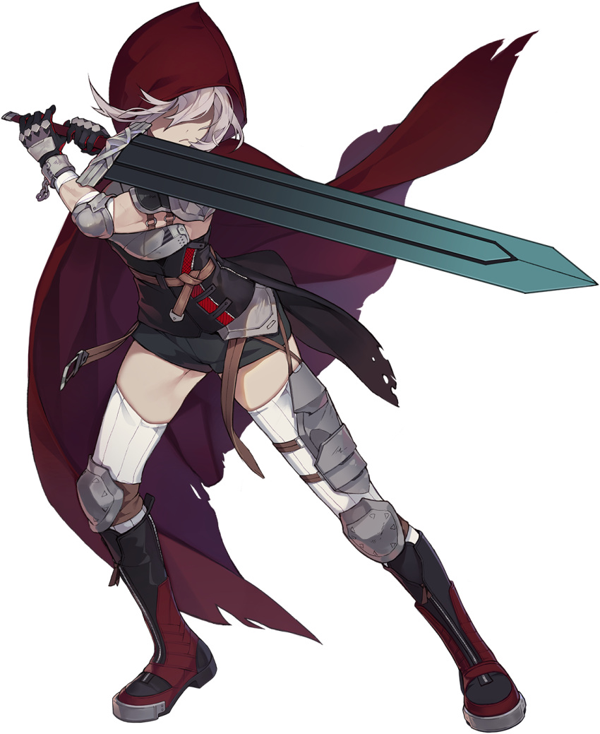 1girl, armor, boots, breastplate, breasts, chrono_ark, cloak, elbow_pads
