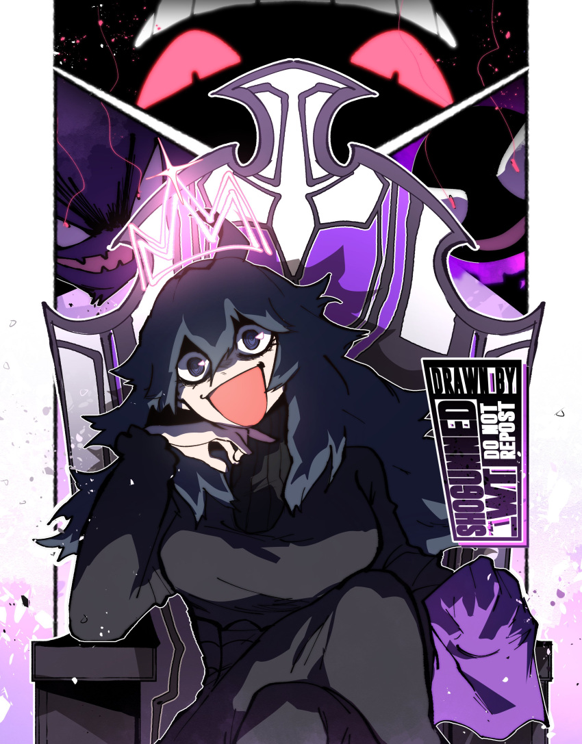 1girl, @_@, absurdres, bonesaw_(artist), crossed_legs, gengar, hairband, hex_maniac_(pokemon), highres, long_hair, messy_hair, open_mouth, pokemon, pokemon_xy, purple_hair, purple_hairband, rag, sitting, solo, violet_eyes, wide-eyed