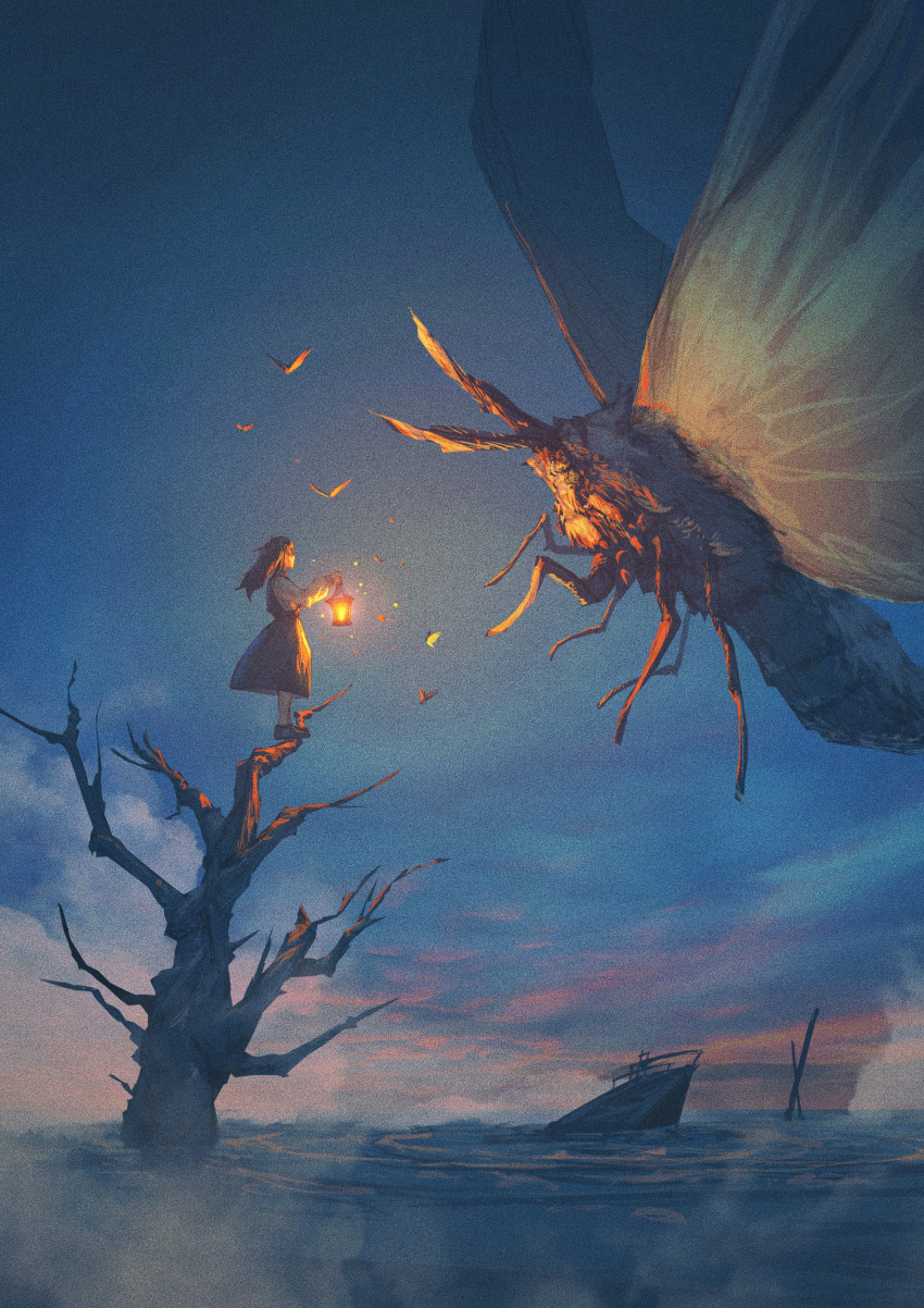 1girl, absurdres, bug, butterfly, dusk, giant_insect, highres, holding
