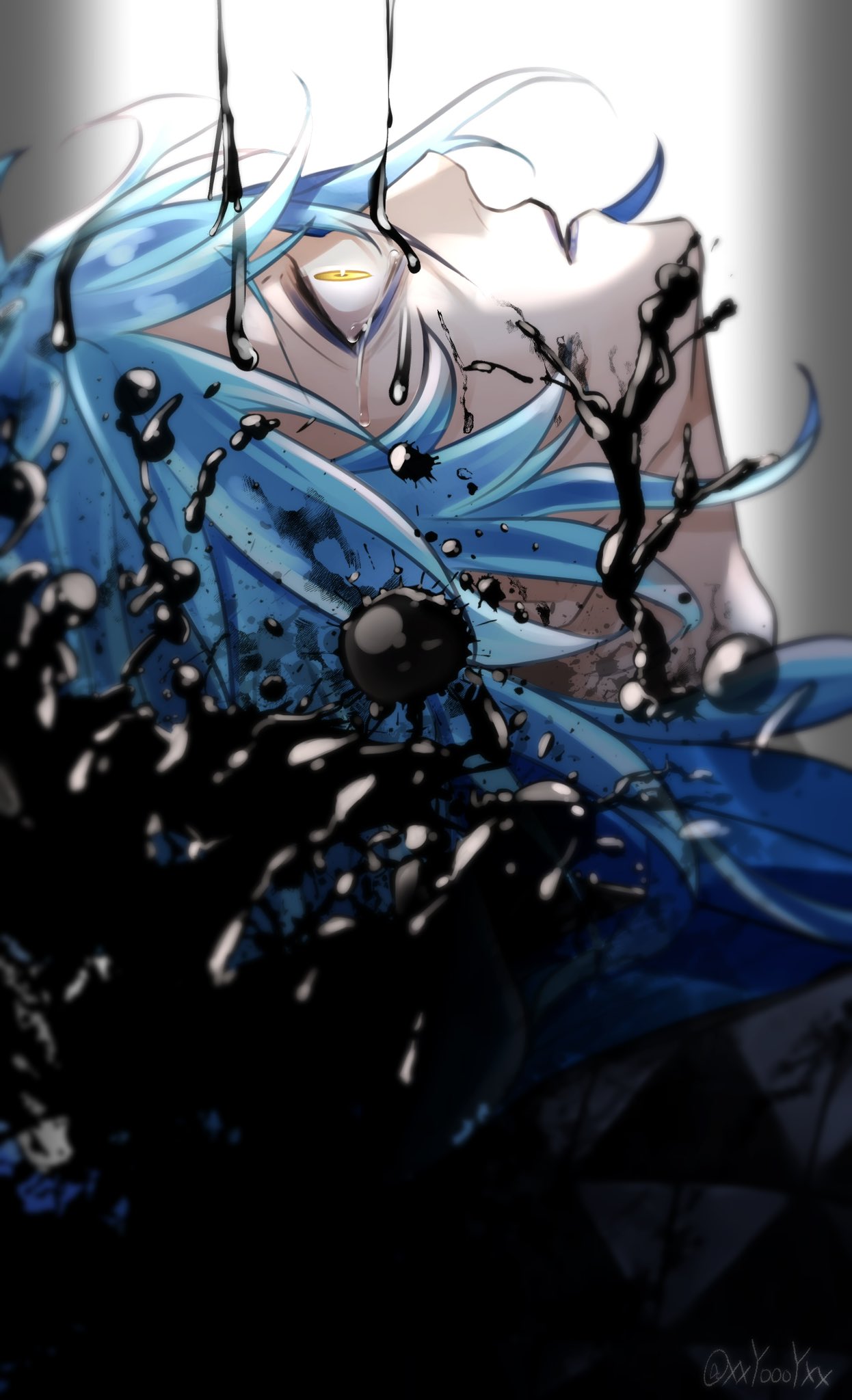 1boy, artist_name, blue_eyeshadow, blue_hair, blue_lips, commentary, constricted_pupils, crying
