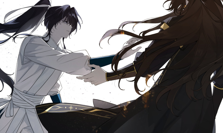 2boys, absurdres, black_hair, black_hanbok, blue_eyes, brown_hair, chel_(ttt_lc), earrings