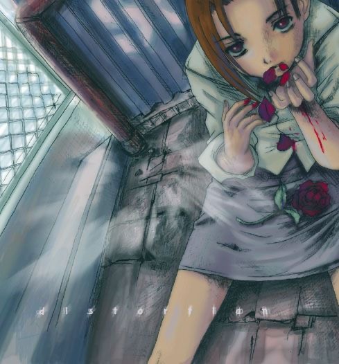 1girl, abe_yoshitoshi, blood, blood_on_clothes, blood_on_hands, coughing_flowers, flower, iwakura_mika, non-web_source, red_flower, red_rose, rose