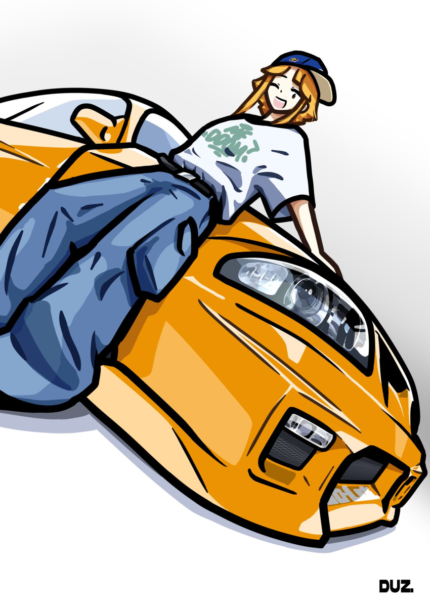1girl, artist_name, baseball_cap, belt, black_belt, blonde_hair, blue_headwear, blue_pants, cargo_pants, duz, english_commentary, furuda_keiko_(duz), hat, highres, nissan, nissan_skyline, nissan_skyline_r33, one_eye_closed, original, pants, red_eyes, shirt, shirt_tucked_in, smile, solo, white_shirt
