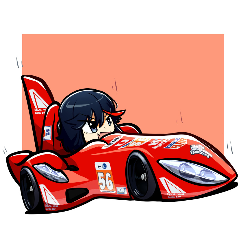 1girl, absurdres, black_hair, blue_eyes, border, car, chibi, deltawing, duz, english_commentary, fang, highres, japanese_flag, kill_la_kill, matoi_ryuuko, michelin, michelin_man, motor_vehicle, multicolored_hair, open_mouth, outside_border, race_vehicle, racecar, red_background, redhead, short_hair, skin_fang, solo, streaked_hair, v-shaped_eyebrows, vehicle_focus, white_border, world_endurance_championship