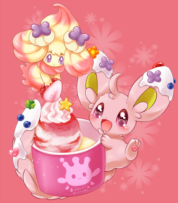 :o, aimi_(aimia492), alcremie, bowl, character_request, commentary_request, floral_background, food