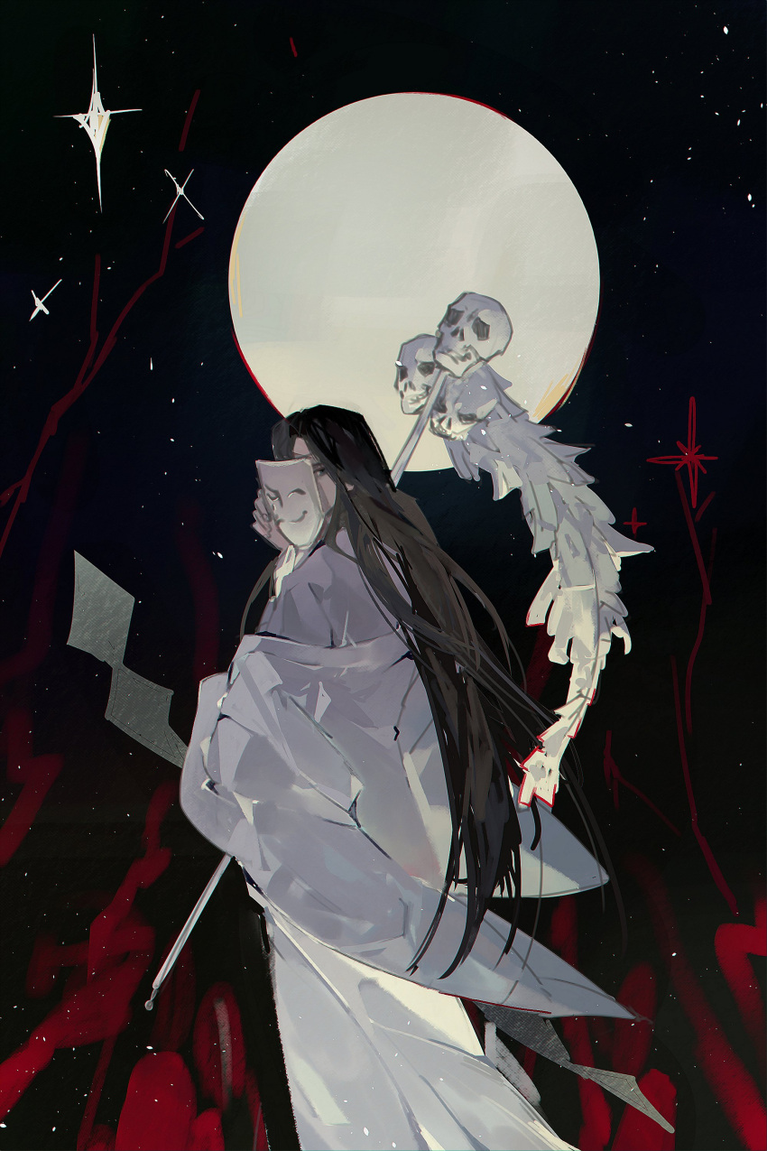 1boy, absurdres, black_hair, chinese_clothes, daae, full_moon, gohei, grey_eyes