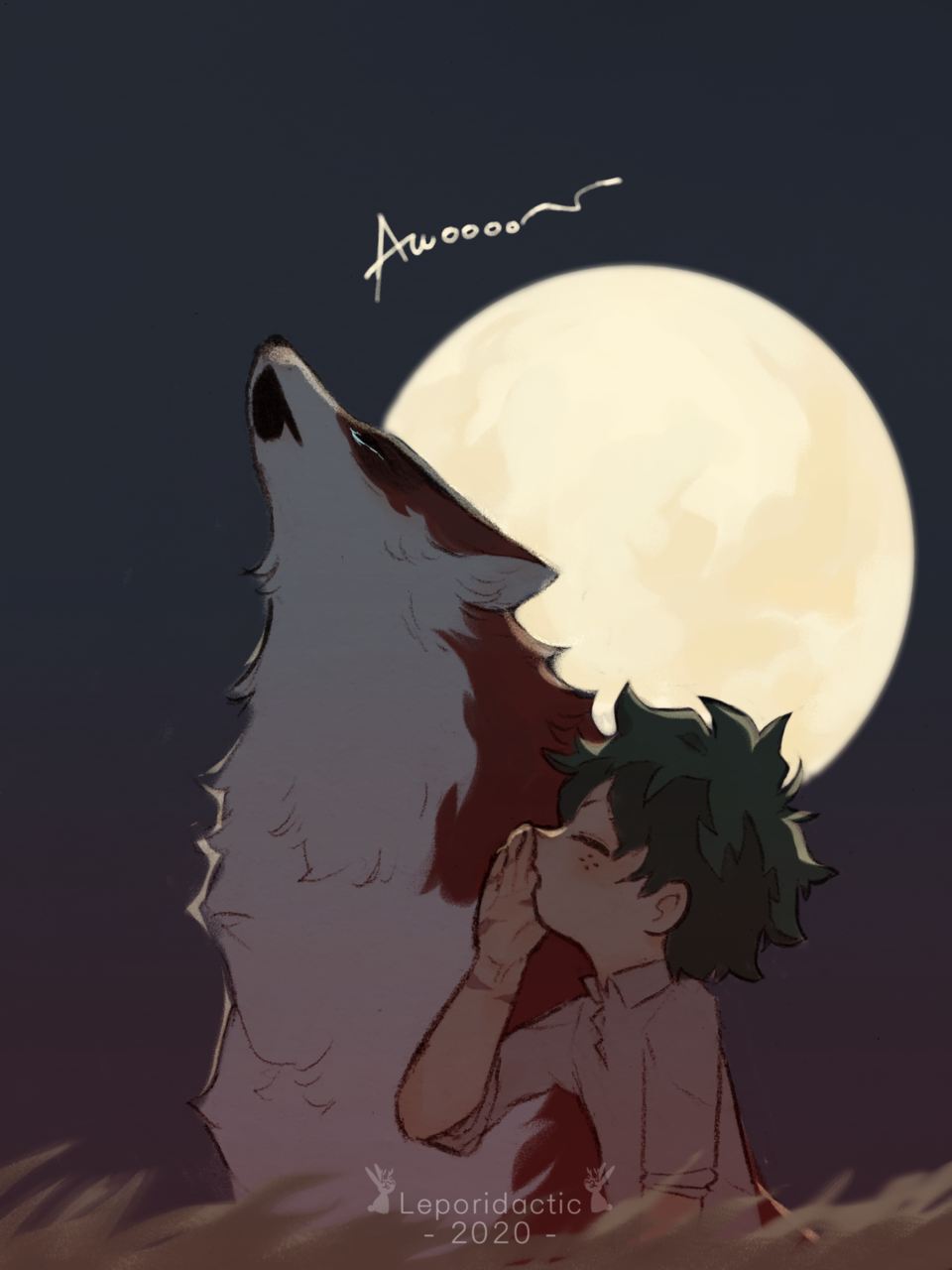 2boys, animal, awooo, closed_eyes, full_moon, green_hair, highres, howling