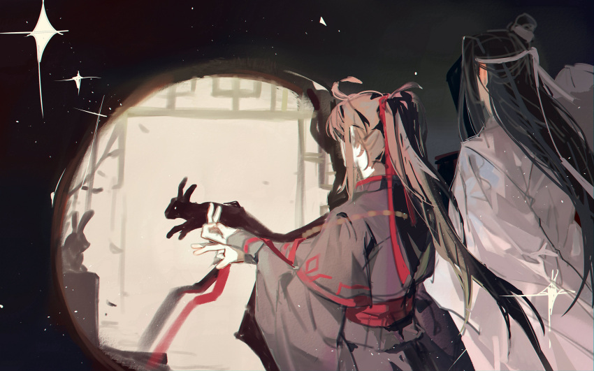 2boys, absurdres, ahoge, black_hair, black_hanfu, brown_hair, chinese_clothes, daae