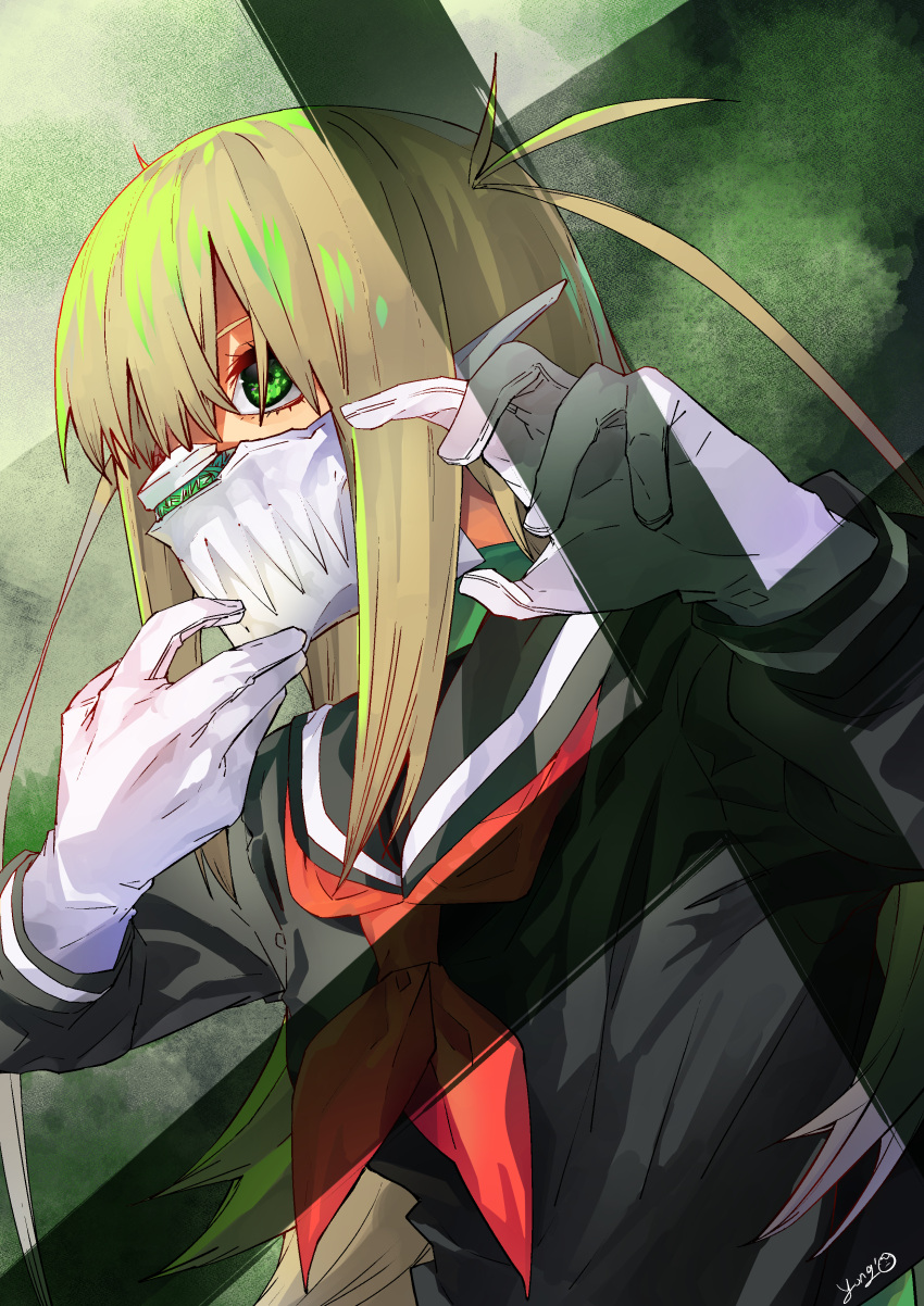 1girl, absurdres, black_sailor_collar, black_serafuku, blonde_hair, gloves, green_eyes, highres