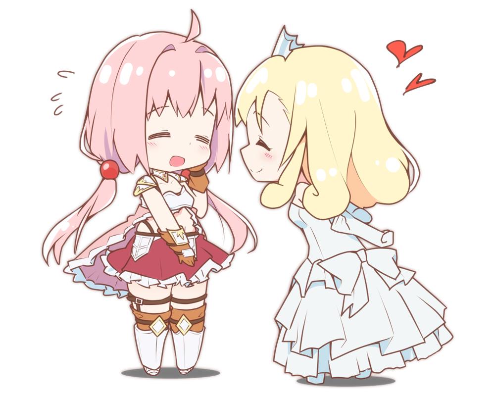 2girls, aly_(eshikidori), armor, bikini_armor, blonde_hair, blush, closed_eyes, dress