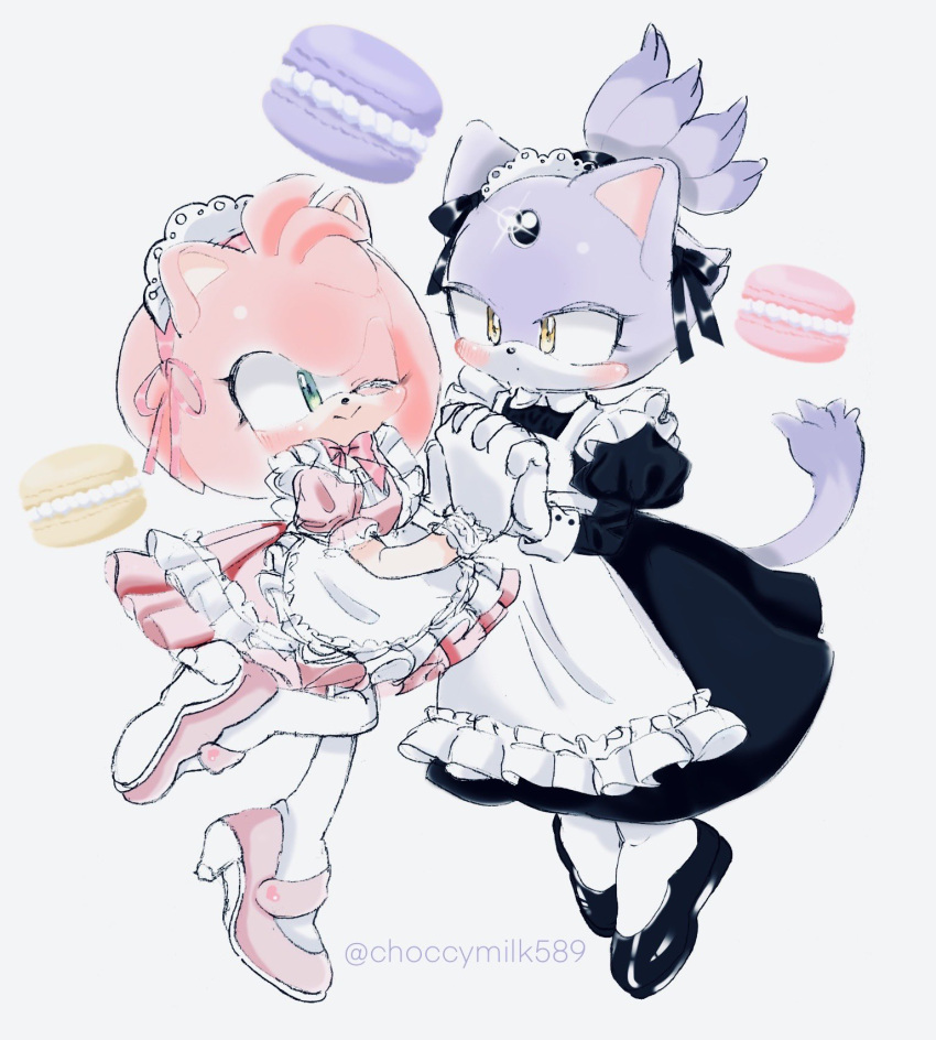 2girls, amy_rose, animal_ears, apron, black_footwear, blaze_the_cat, blush, cat_ears