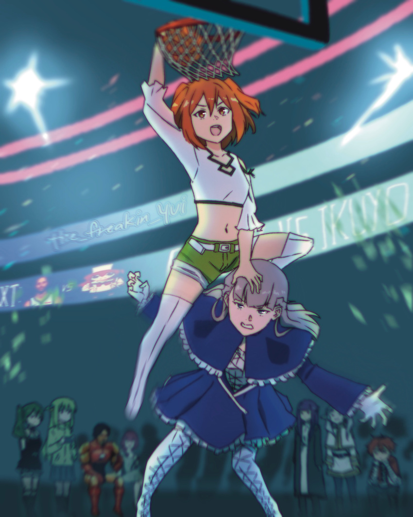 2boys, 6+girls, ahoge, alternate_hair_color, armor, ball, basketball, basketball_(object)
