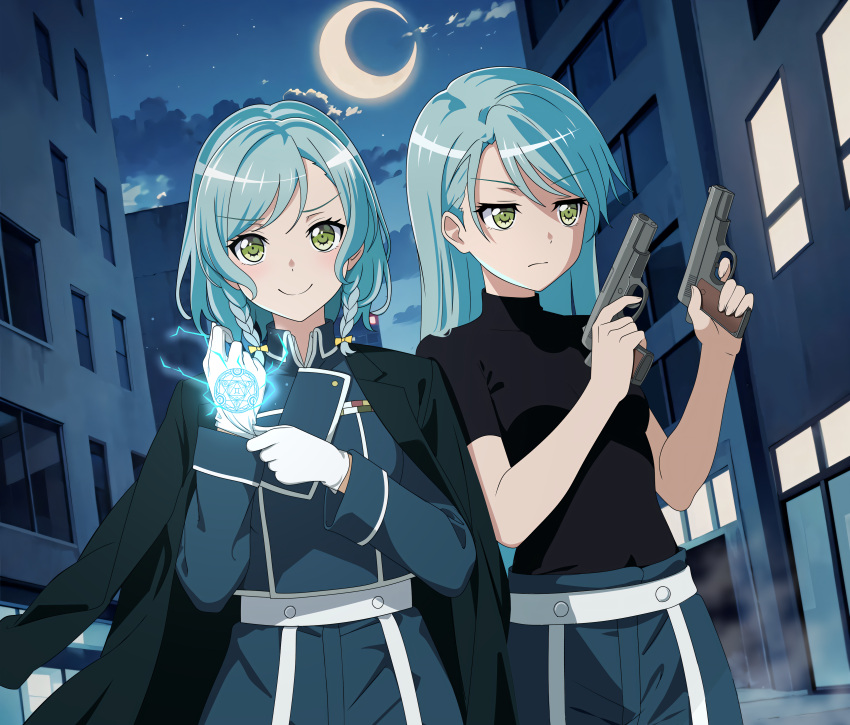 2girls, absurdres, amestris_military_uniform, aqua_hair, bang_dream!, black_shirt, blue_jacket, blue_pants