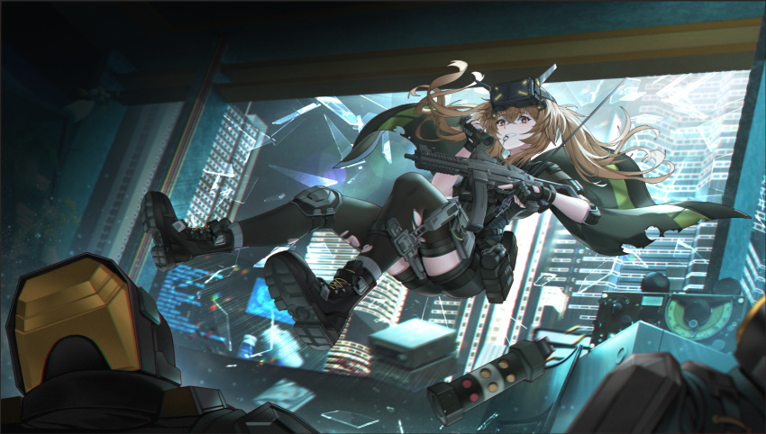 1girl, 2others, black_cape, black_footwear, black_gloves, black_shorts, black_thighhighs, boots