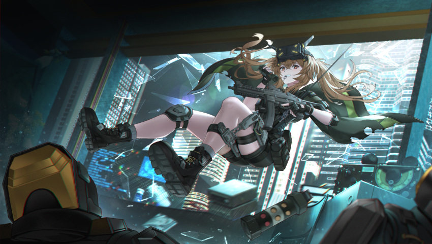 1girl, 2others, black_cape, black_footwear, black_gloves, black_shorts, boots, broken_glass