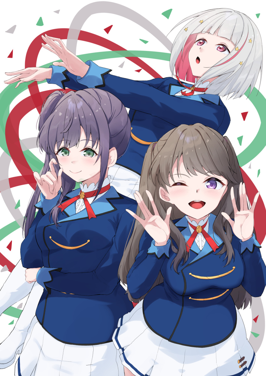 3girls, :o, ;d, aikatsu!, aikatsu!_(series), blue_jacket, blunt_bangs, bob_cut, boots, breasts, brown_hair, colored_inner_hair, commentary, cosplay, fujishima_megumi, green_eyes, hair_ornament, hand_up, hands_up, highres, inverted_bob, jacket, large_breasts, link!_like!_love_live!, long_hair, long_sleeves, looking_at_viewer, looking_up, love_live!, medium_breasts, miniskirt, multicolored_hair, multiple_girls, neck_ribbon, one_eye_closed, open_hands, open_mouth, otomune_kozue, outstretched_arms, parisnoko, parted_bangs, pleated_skirt, purple_hair, red_eyes, red_ribbon, redhead, ribbon, school_uniform, shirt, short_hair, side_ponytail, sidelocks, skirt, smile, star_(symbol), star_hair_ornament, starlight_academy_school_uniform, streaked_hair, teeth, tight_clothes, triangle, two_side_up, upper_body, upper_teeth_only, violet_eyes, waving_arms, white_footwear, white_hair, white_shirt, white_skirt, yugiri_tsuzuri