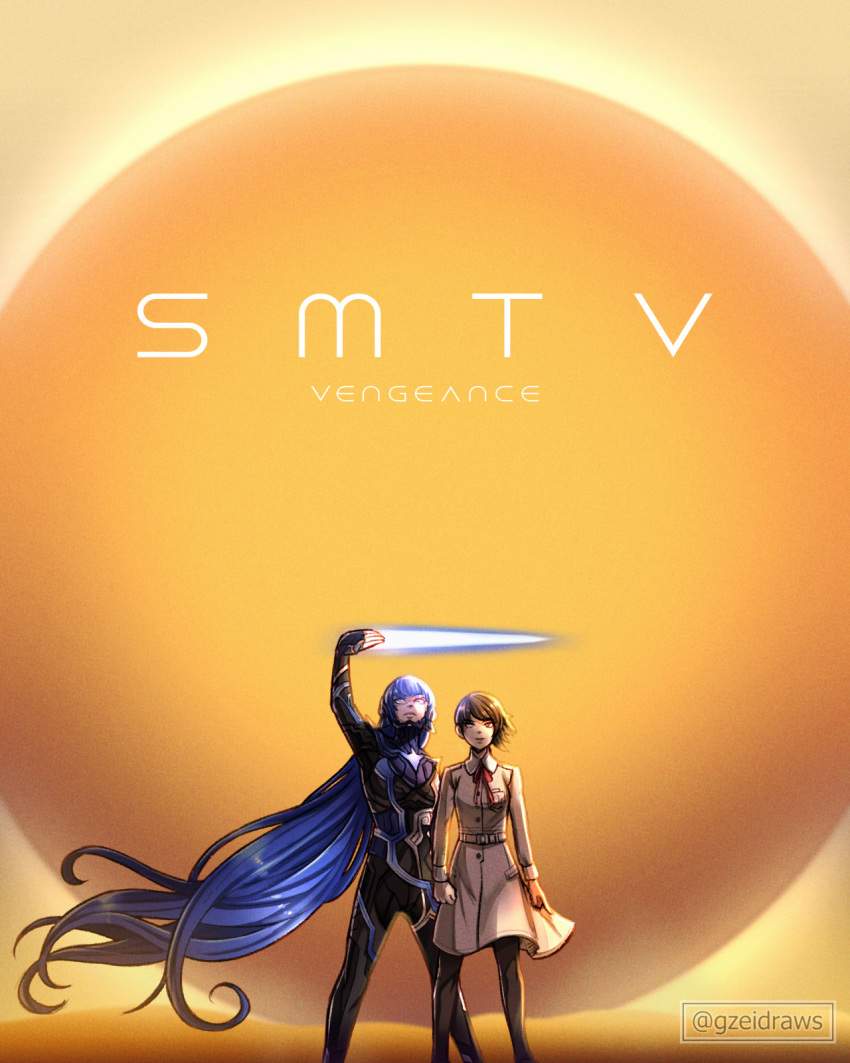 1boy, 1girl, blue_hair, bodysuit, copyright_name, dune_(2021_movie), dune_(series), english_commentary