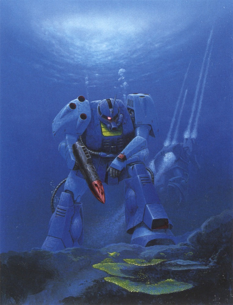 1980s_(style), box_art, gundam, gundam_zz, masuo_ryukoh, mecha, mobile_suit, no_humans, one-eyed, retro_artstyle, robot, science_fiction, underwater, weapon, zaku_mariner