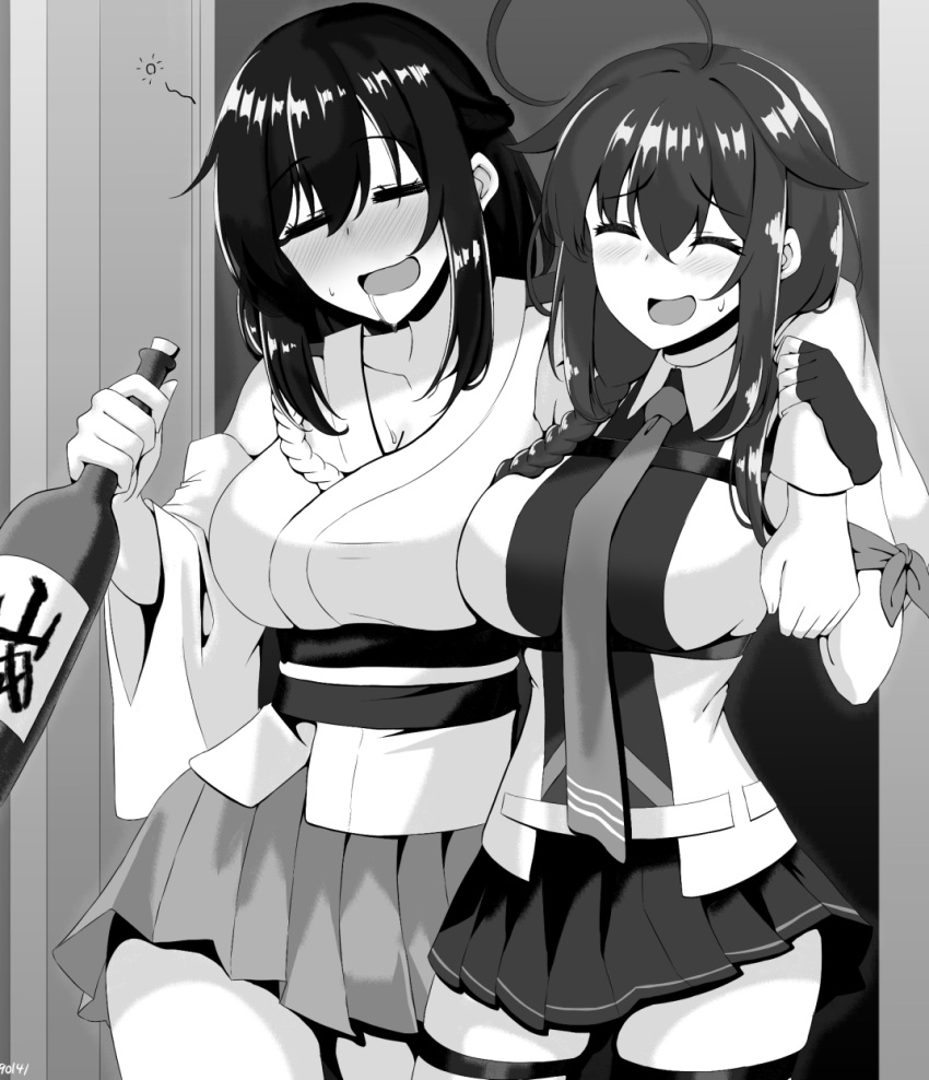 2girls, ahoge, black_hair, bottle, braid, breasts, closed_eyes, detached_sleeves