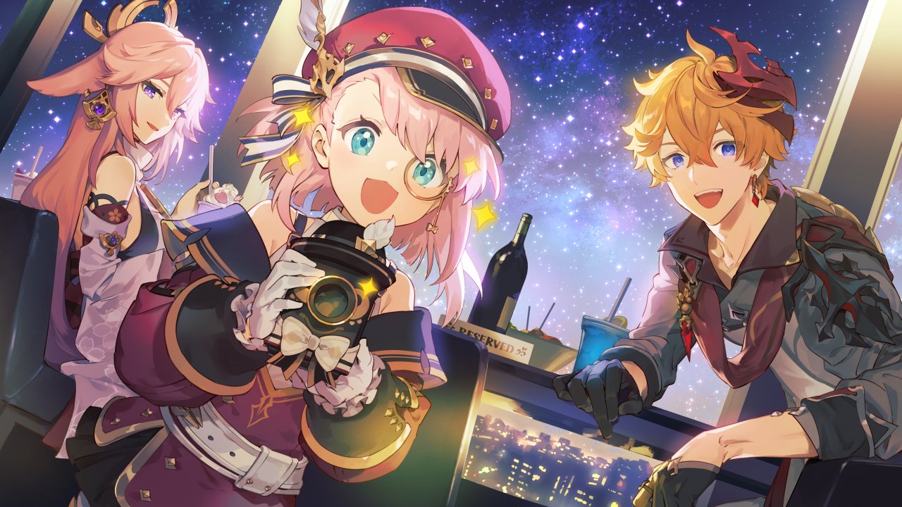 1boy, 2girls, animal_ears, black_gloves, bottle, camera, chair, charlotte_(genshin_impact)
