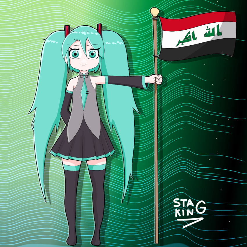 blue_eyes, blue_hair, blue_tie, green_background, hatsune_miku, holding_flag, iraq, iraqi_flag
