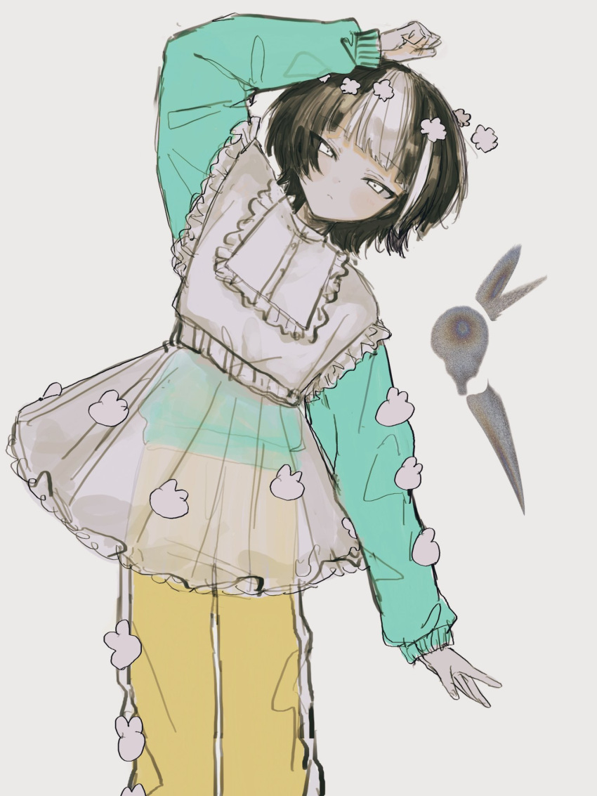 1girl, arm_over_head, arm_up, black_hair, blunt_bangs, closed_mouth, dot_nose, dress