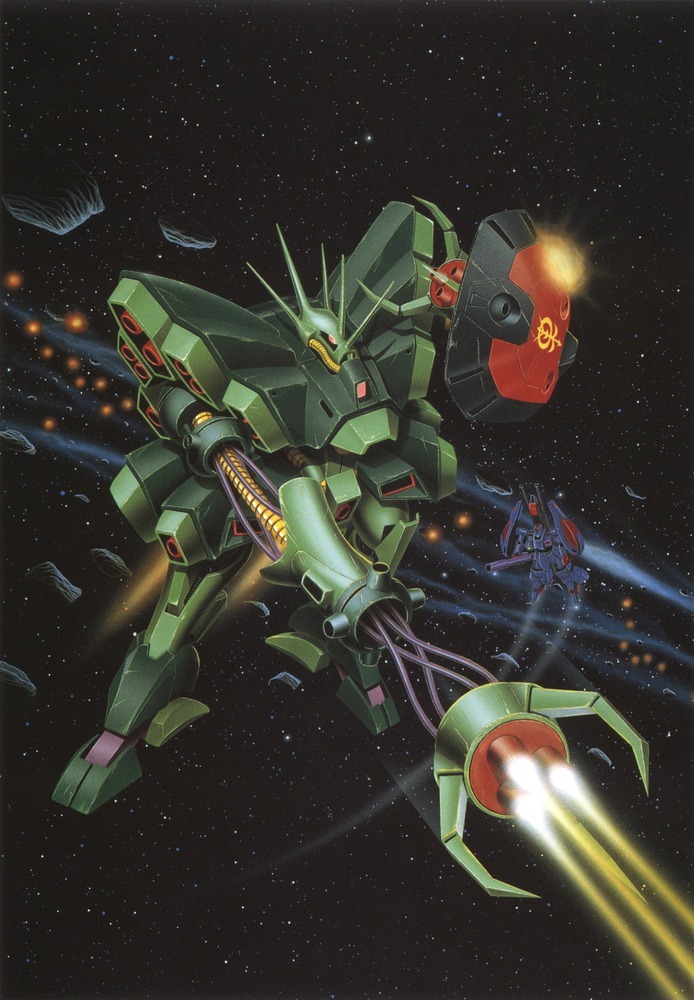 1980s_(style), arm_cannon, asteroid, battle, box_art, cable, emblem, energy_gun, explosion, gaza-d, gundam, gundam_zz, hamma_hamma, mecha, miyajima_kouichi, mobile_suit, neo_zeon, no_humans, official_art, one-eyed, painting_(medium), retro_artstyle, robot, roundel, scan, science_fiction, shield, space, starry_background, traditional_media, weapon