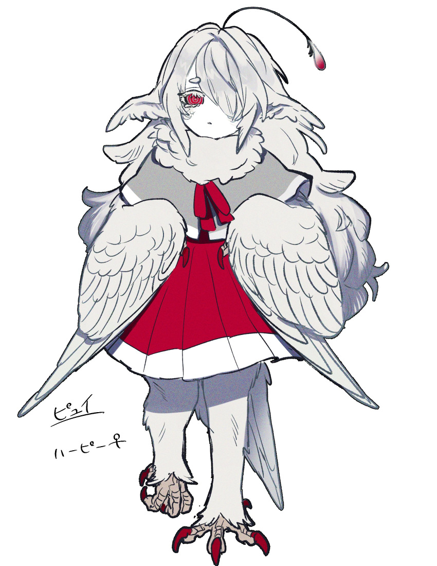 1girl, @_@, bachikin_(kingyo155), bird_legs, bird_tail, capelet, commentary_request, feathered_wings