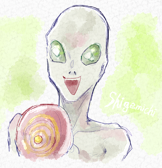 1boy, bald, bare_shoulders, character_name, chiimako, colored_skin, gnosia, green_background
