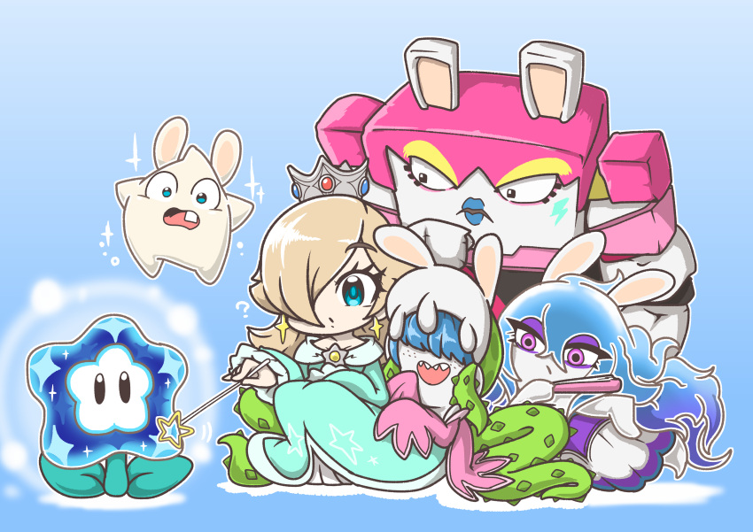 4girls, absurdres, bedrock_(mario_+_rabbids), blue_dress, blue_hair, blue_lips, charisuke, crossover