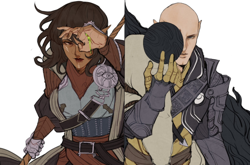1boy, 1girl, armor, bald, brown_hair, cleft_chin, dark-skinned_female, dark_skin, dragon_age, dragon_age:_inquisition, dripping, elf, facial_tattoo, floating, floating_object, fur-trimmed_armor, fur_trim, hand_over_eye, hejee, highres, inquisitor_(dragon_age), insignia, mature_male, medium_hair, orb, pointy_ears, red_lips, simple_background, solas, tattoo, upper_body, white_background
