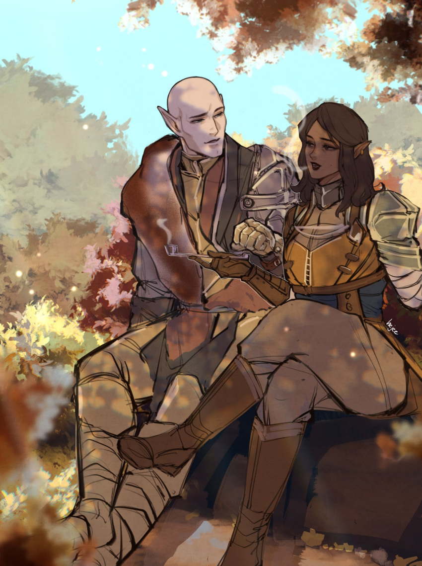 1boy, 1girl, armor, bald, brown_hair, cleft_chin, crossed_legs, dark-skinned_female