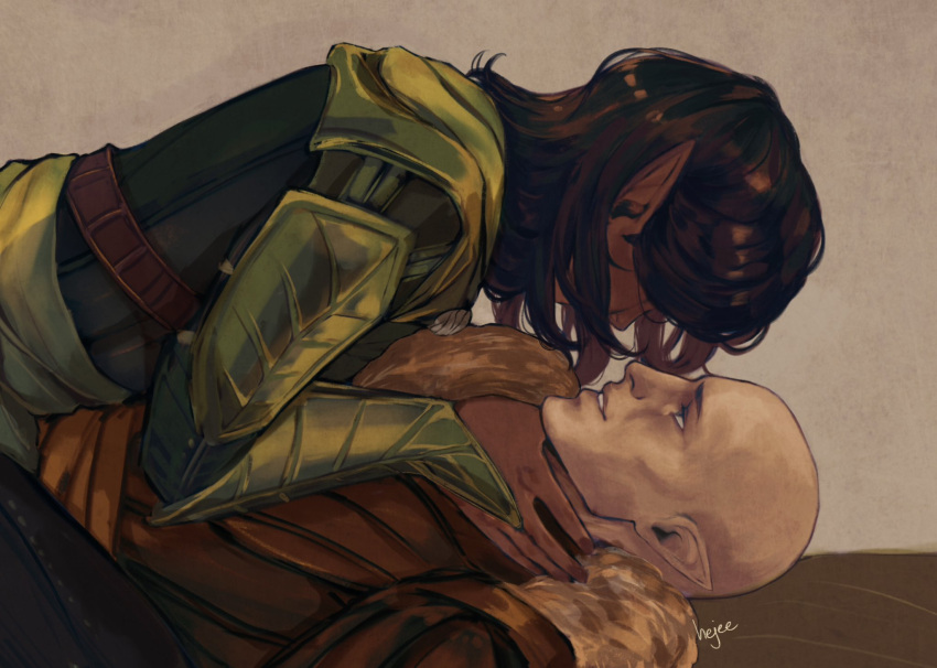 1boy, 1girl, armor, bald, brown_hair, dark-skinned_female, dark_skin, dragon_age