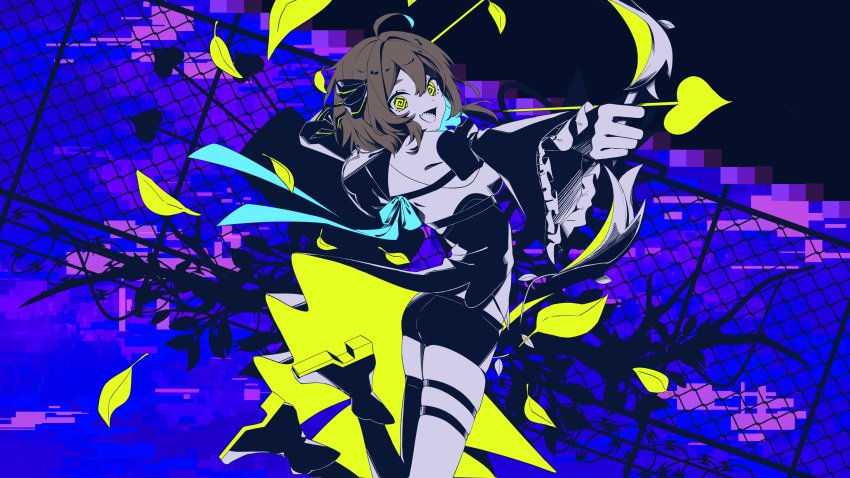 1girl, :d, @_@, absurdres, ahoge, aiming, aiming_at_viewer, ankle_boots, aqua_hair, arched_back, arrow_(projectile), asymmetrical_legwear, barbed_wire, blue_hair, boots, bow, bow_(weapon), branch, brown_hair, bug_(vocaloid), chain-link_fence, chest_belt, colored_inner_hair, commentary_request, cowboy_shot, cross-laced_clothes, cross-laced_shorts, detached_sleeves, dress, falling_leaves, feet_up, fence, frilled_sleeves, frills, hair_bow, hair_flaps, hair_ornament, half_capelet, heart, heart_arrow, highres, holding, holding_arrow, holding_bow_(weapon), holding_weapon, indie_virtual_youtuber, jumping, leaf, long_sleeves, looking_at_viewer, medium_hair, meica_(vtuber), multicolored_hair, necktie, neon_palette, o-ring, o-ring_thigh_strap, over-kneehighs, phzimi000, platform_footwear, pointing_weapon, polyhedron, puffy_long_sleeves, puffy_sleeves, quiver, sharp_teeth, shirt, short_shorts, shorts, single-shoulder_shirt, single_over-kneehigh, single_thighhigh, skindentation, sleeveless, sleeveless_dress, sleeveless_shirt, smile, solo, star_(symbol), star_hair_ornament, teeth, thigh-highs, thigh_strap, uneven_legwear, virtual_youtuber, weapon, wide_sleeves