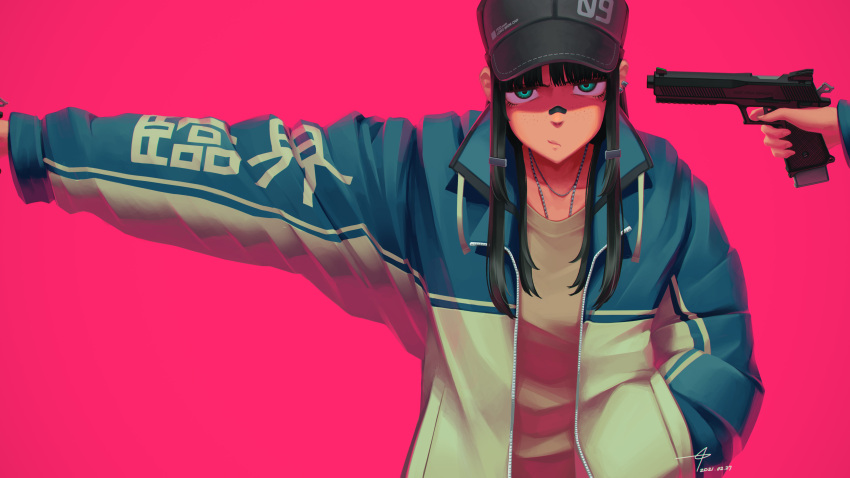 1girl, absurdres, annoyed, bandaid, bandaid_on_face, bandaid_on_nose, baseball_cap, black_hair