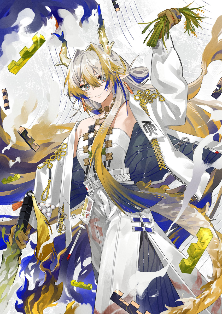 1girl, absurdres, arknights, bare_shoulders, blonde_hair, blue_hair, closed_mouth, collarbone