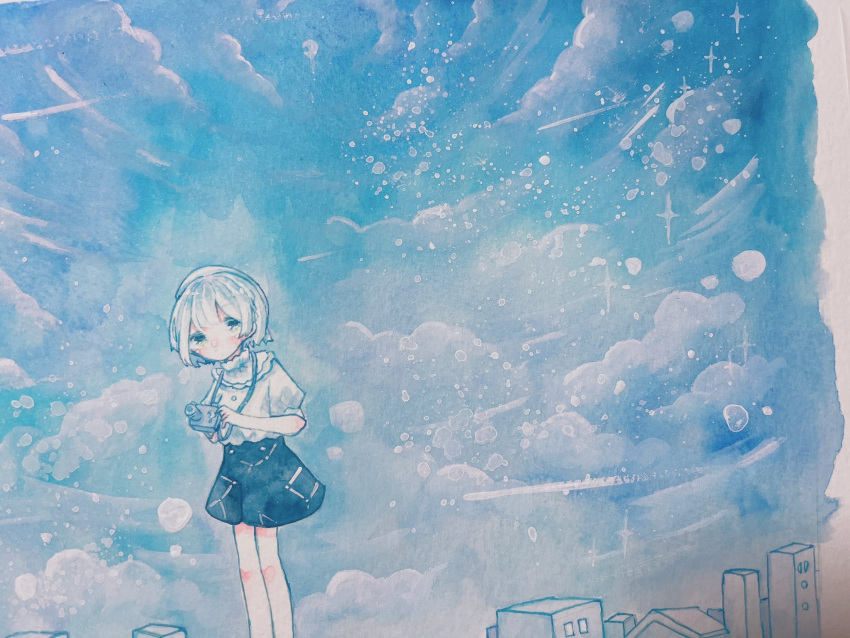 1girl, bare_legs, beret, black_skirt, blue_eyes, blue_hair, blue_sky, blue_theme, building, camera, closed_mouth, clouds, constellation_print, day, frilled_shirt_collar, frills, g_ekka, hat, highres, holding, holding_camera, house, light_blue_hair, looking_at_viewer, original, outdoors, painting_(medium), photo_(medium), puffy_short_sleeves, puffy_sleeves, rooftop, shirt, short_hair, short_sleeves, sidelocks, skirt, sky, solo, sparkle, standing, strap, traditional_media, watercolor_(medium), white_headwear, white_shirt