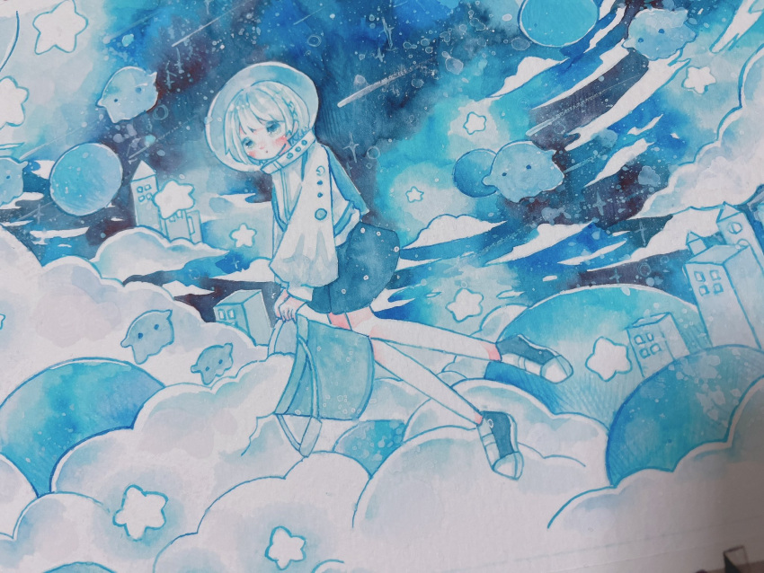 1girl, :o, bare_legs, black_skirt, blue_capelet, blue_eyes, blue_hair, blue_theme, blush, braid, bucket, building, capelet, castle, clouds, floating, full_body, g_ekka, ghost, helmet, highres, holding, holding_bucket, light_blue_hair, long_sleeves, night, night_sky, orb, original, outdoors, painting_(medium), parted_lips, photo_(medium), pouring, puffy_long_sleeves, puffy_sleeves, school_uniform, serafuku, shoes, shooting_star, short_hair, side_braid, sidelocks, single_braid, skirt, sky, solo, space_helmet, star_(sky), star_(symbol), traditional_media, watercolor_(medium), white_serafuku