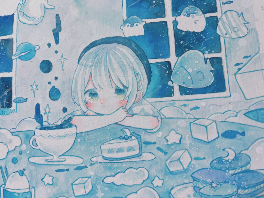 1girl, bare_arms, beret, bird, black_headwear, blue_eyes, blue_hair, blue_theme
