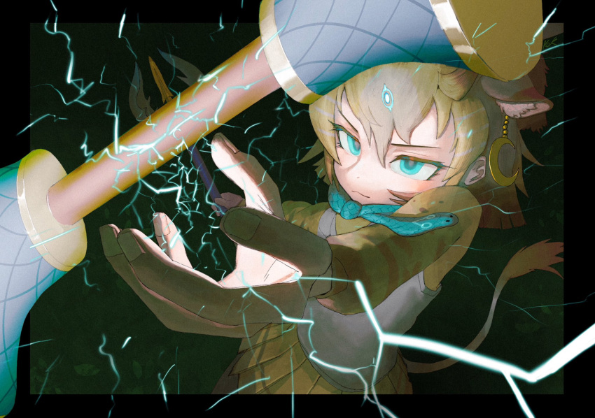1girl, animal_ears, arms_up, black_border, blonde_hair, border, brown_hair, closed_mouth, electricity, extra_ears, fingernails, foreshortening, giraffe_ears, giraffe_girl, giraffe_tail, green_eyes, hair_between_eyes, highres, holding, holding_polearm, holding_weapon, k.k.k., kemono_friends, light_smile, long_sleeves, looking_at_object, medium_hair, multicolored_hair, outside_border, outstretched_arms, pleated_skirt, polearm, scarf, sivatherium_(kemono_friends), skirt, solo, spread_arms, sweater, tail, upper_body, v-shaped_eyebrows, weapon