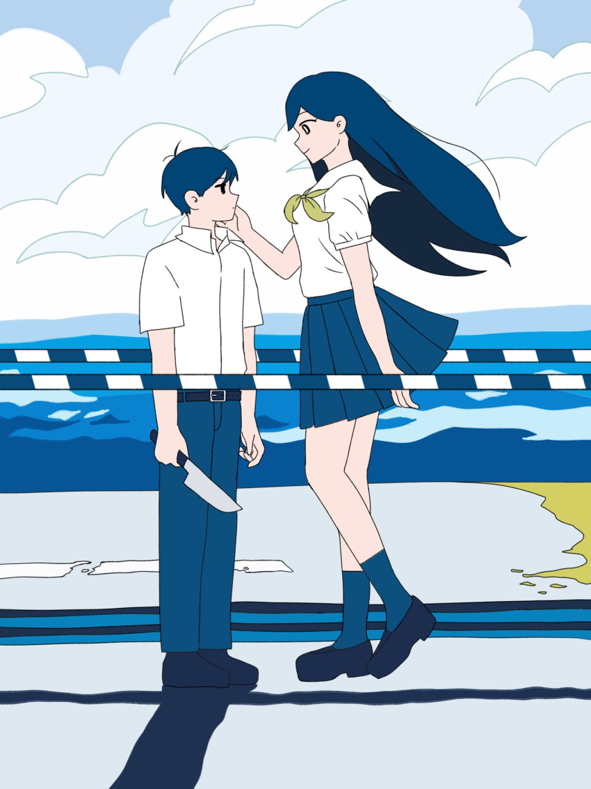 1boy, 1girl, arm_at_side, black_hair, black_pants, black_skirt, boom_barrier, brother_and_sister