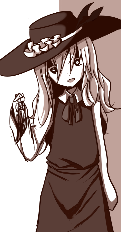 blood, blood_on_knife, bow, bowtie, collared_shirt, commentary_request, diao_ye_zong, dolls_in_pseudo_paradise, frilled_hat, frills, hair_between_eyes, hat, head_tilt, holding, holding_knife, jacket_girl_(dipp), knife, leaf, long_hair, long_sleeves, looking_at_viewer, open_mouth, sepia, sepia_background, shaded_face, shirt, simple_background, skirt, skirt_set, smile, touhou, two-tone_background, umedoufu, vest, white_background