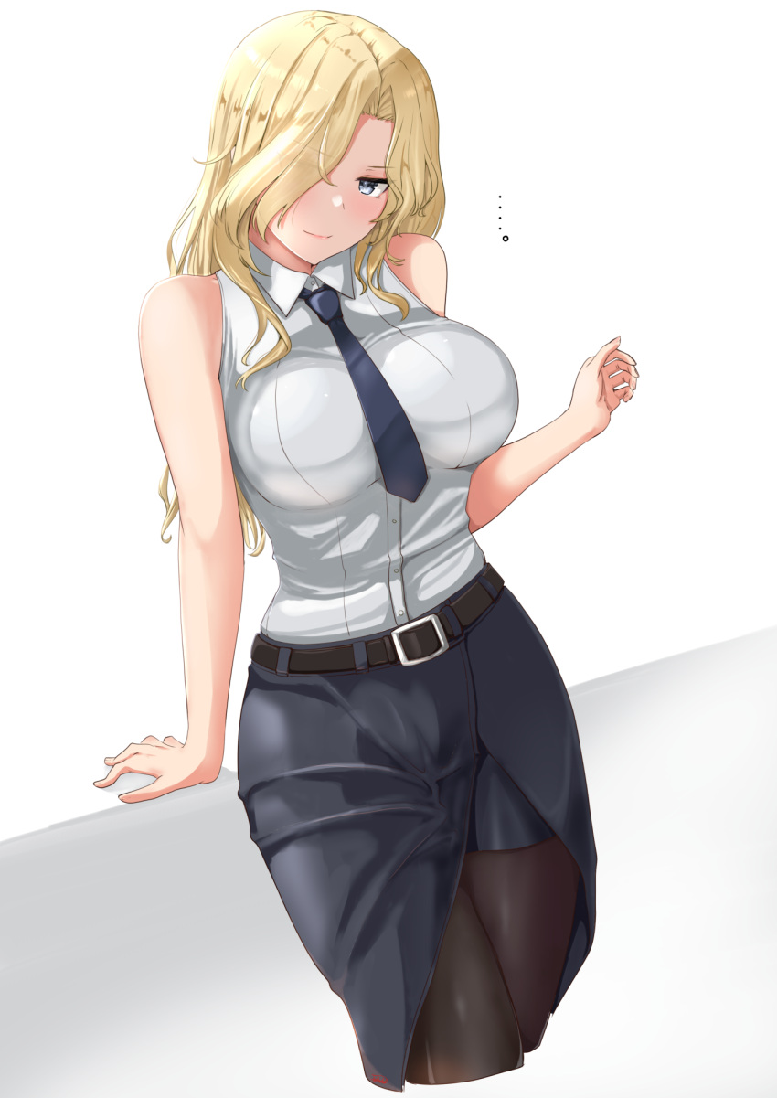 ..., 1girl, belt, belt_buckle, black_belt, black_necktie, black_pantyhose, black_skirt