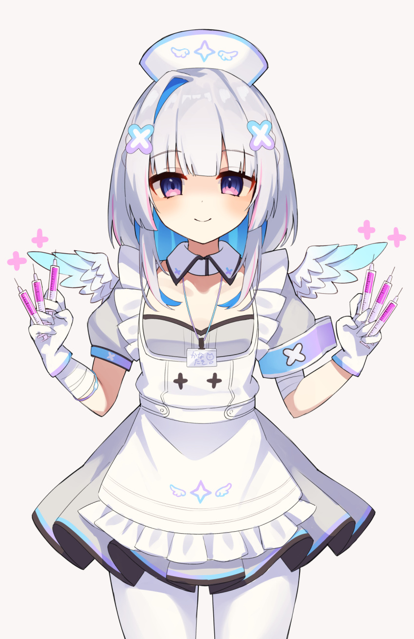 1girl, amane_kanata, amane_kanata_(nurse), angel, angel_wings, bandaged_arm, bandages, blue_hair