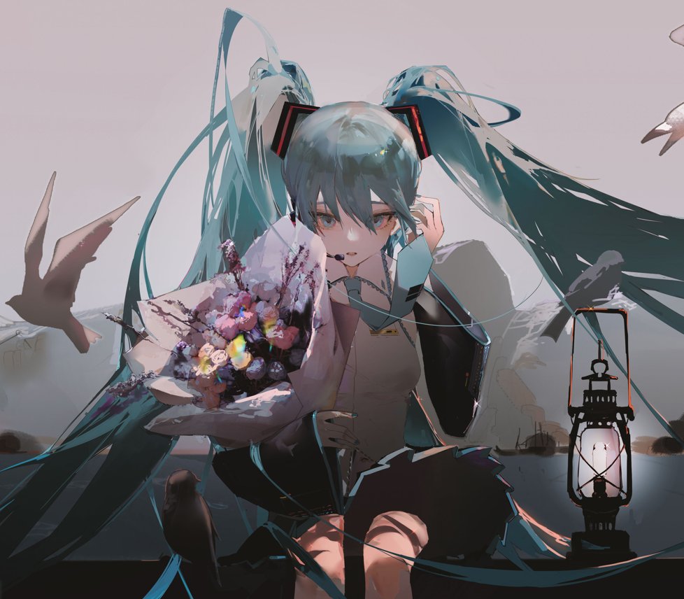 1girl, adjusting_earphones, aqua_eyes, aqua_hair, aqua_nails, aqua_necktie, bare_legs, bird