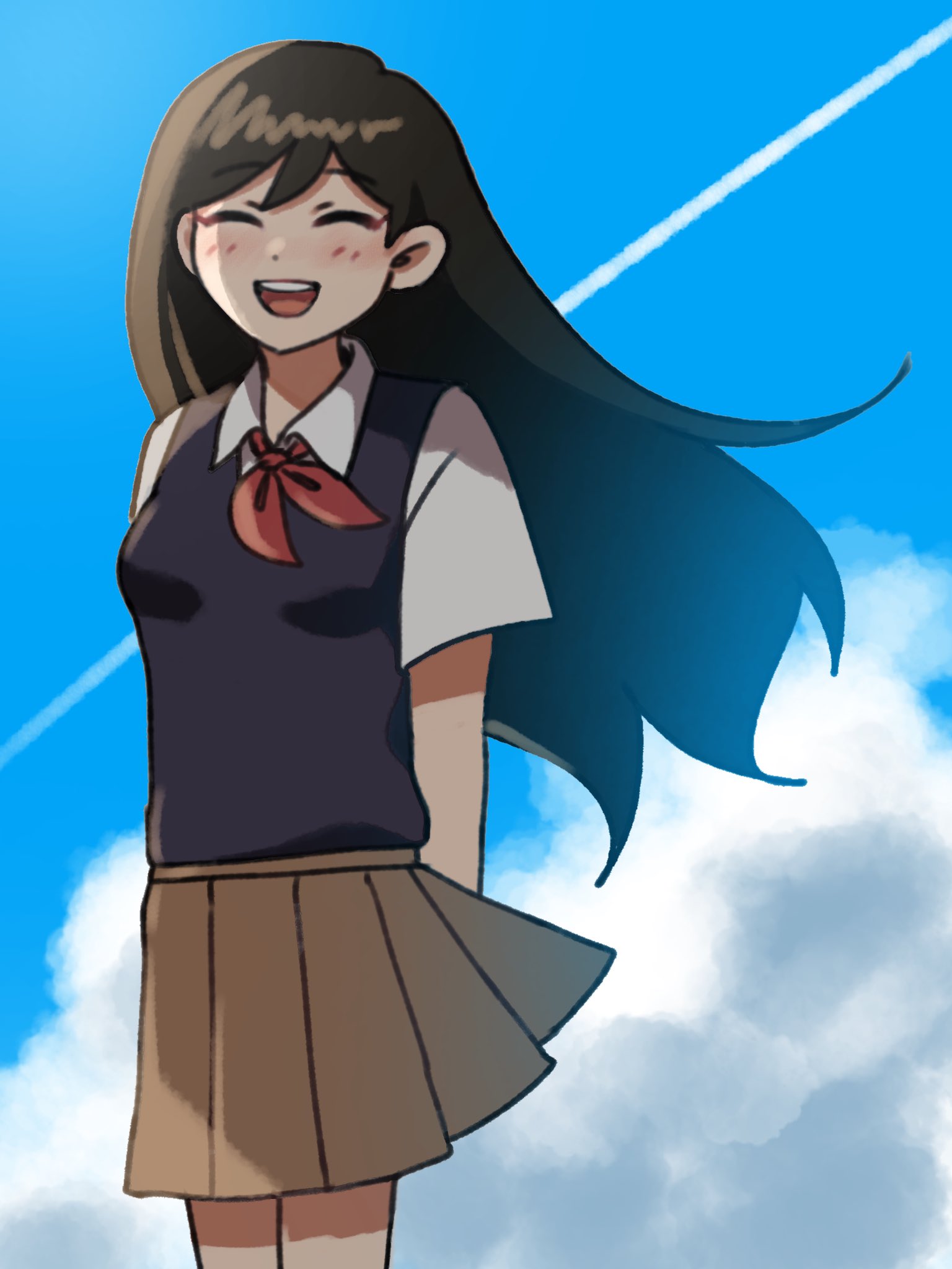 1girl, :d, arms_behind_back, black_vest, blue_sky, blush, brown_hair, brown_skirt, clouds, cloudy_sky, collared_shirt, contrail, cowboy_shot, facing_viewer, floating_hair, highres, kato_(momota_rosan), long_hair, mari_(faraway)_(omori), mari_(omori), miniskirt, neckerchief, omori, open_mouth, pleated_skirt, red_neckerchief, shirt, short_sleeves, skirt, sky, smile, solo, straight_hair, teeth, upper_teeth_only, vest, white_shirt, wind