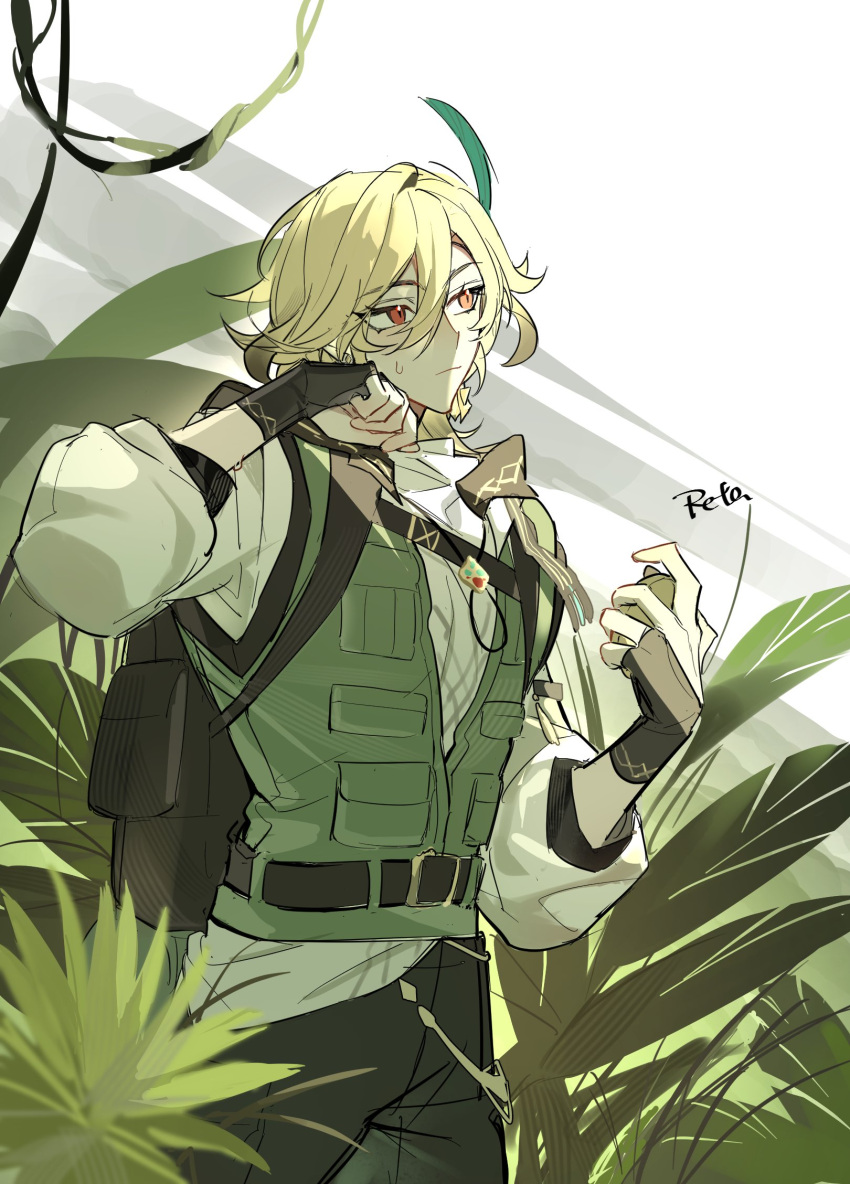 1boy, black_gloves, black_pants, blonde_hair, bush, closed_mouth, feather_hair_ornament, feathers, genshin_impact, gloves, green_vest, hair_between_eyes, hair_ornament, highres, holding, kaveh_(genshin_impact), male_focus, multicolored_hair, pants, partially_fingerless_gloves, plant, red_eyes, retayanmo, shirt, signature, solo, sweat, vest, vines, white_shirt