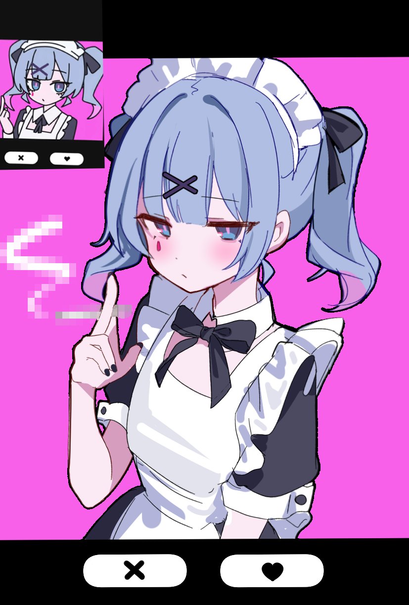 1girl, apron, black_bow, black_dress, black_ribbon, blue_eyes, blue_hair, blush